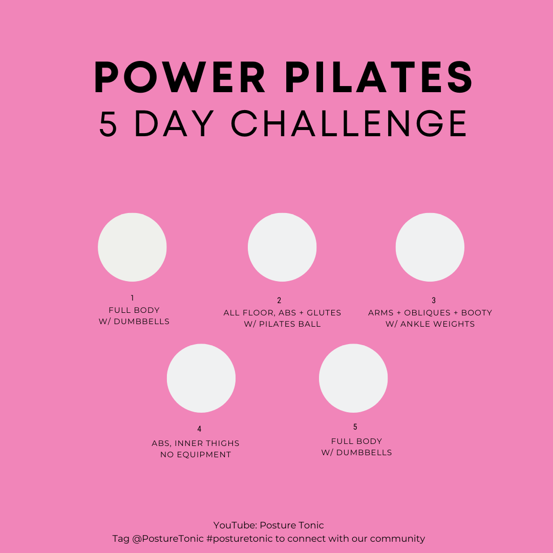 Graphic of a pink background displaying a "Power Pilates 5 Day Challenge" chart. It lists five workout areas: Day 1 - Full Body with Dumbbells, Day 2 - Floor, Abs, Glutes with Pilates Ball, Day 3 - Arms, Obliques, Booty with Ankle Weights, Day 4 - Ab