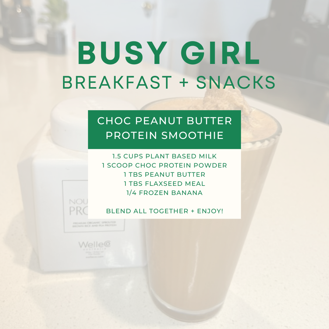 Recipe for a choc peanut butter protein smoothie, featuring plant-based milk, choc protein powder, peanut butter, flaxseed meal, and frozen banana. Background includes a smoothie and protein powder container.