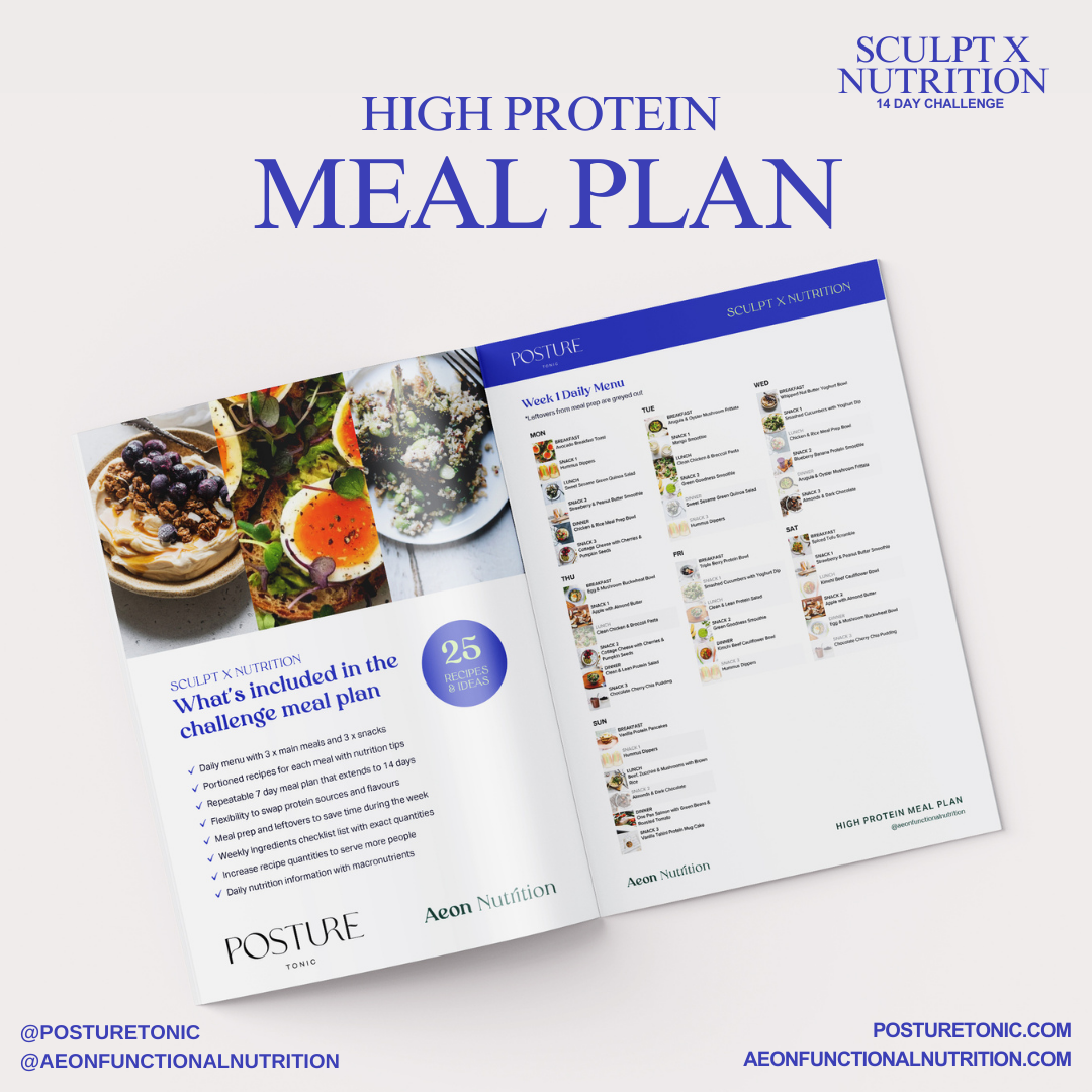 High protein meal plan guide with daily menu and recipe images. Includes information for a 14-day challenge by Posture Tonic and Aeon Nutrition. Features daily meals, snacks, benefits of a high protein diet, and Instagram handles for both brands.