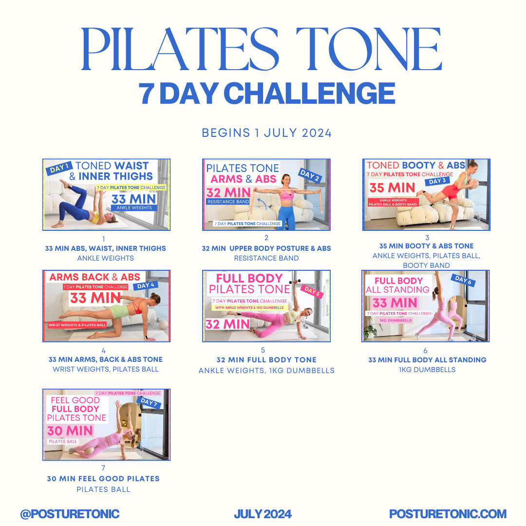 Promotional image for a 7-day Pilates Tone challenge starting July 1, 2024, by Posture Tonic. Features daily workout plans with different focuses like toned waist, inner thighs, arms, and abs, using equipment like ankle weights, resistance bands, wri