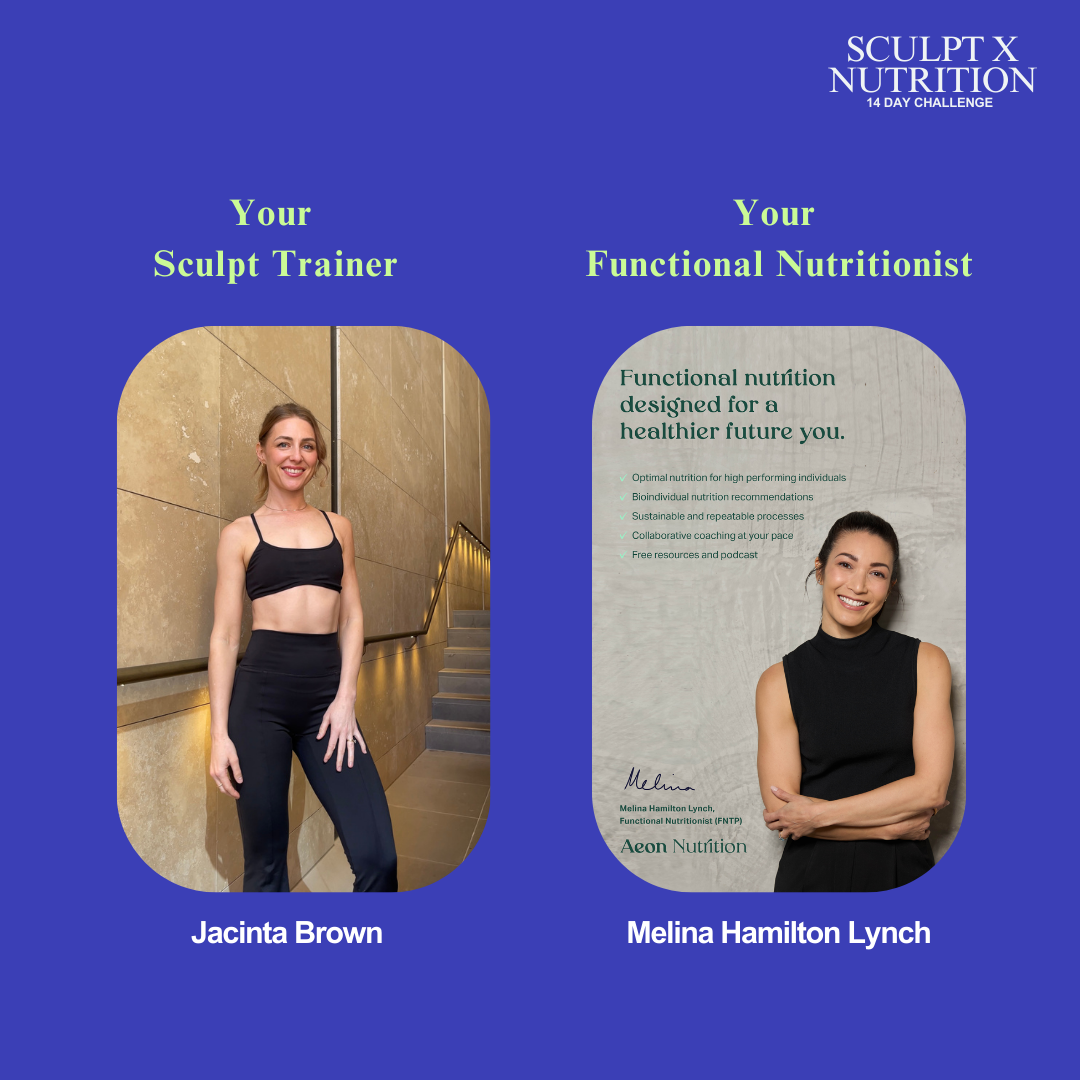 A promotional image for a 14-day challenge titled "Sculpt X Nutrition." It features two women: one labeled as "Your Sculpt Trainer" and the other as "Your Functional Nutritionist." The trainer is wearing workout attire, standing by a staircase. The n