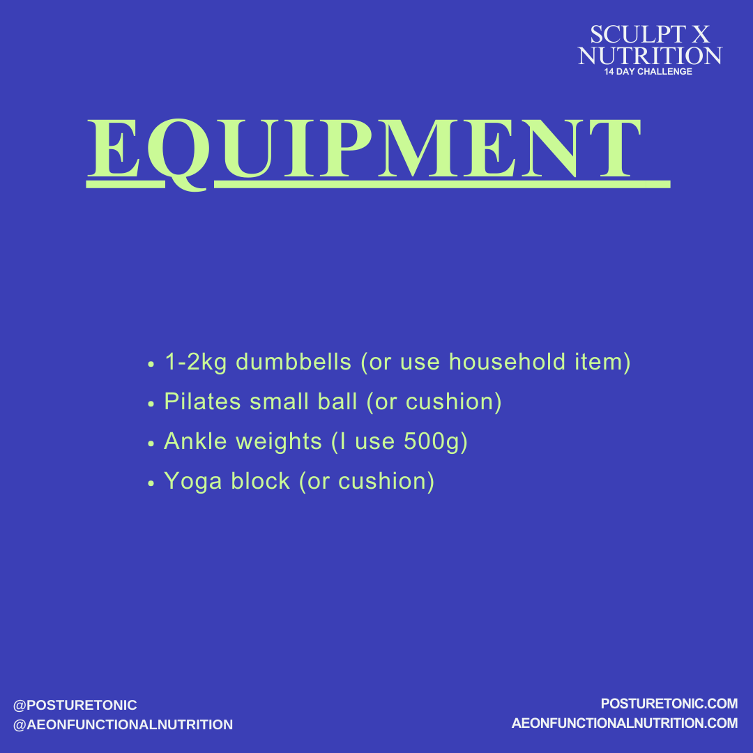 Exercise equipment list for a 14-day challenge, including dumbbells, a Pilates ball, ankle weights, and a yoga block. Includes social media handles and website URLs.