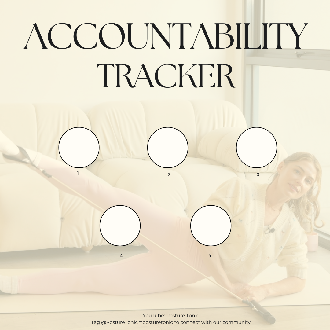 Image of a fitness accountability tracker featuring circles numbered 1 to 5 on a faded background showing a person exercising with a resistance band. The text 'ACCOUNTABILITY TRACKER' is at the top. Contact details for 'Posture Tonic' on YouTube are 