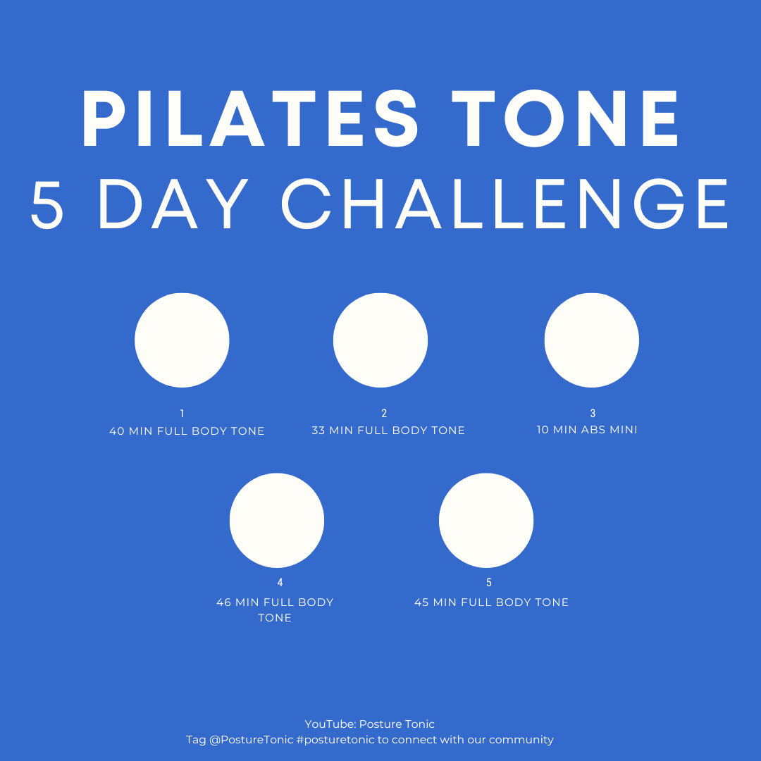 "Pilates Tone 5 Day Challenge schedule on blue background with five circles, each labeled with a day and workout duration: Day 1 - 40 min, Day 2 - 33 min, Day 3 - 10 min abs mini, Day 4 - 46 min, Day 5 - 45 min. Includes a call to connect on YouTube 