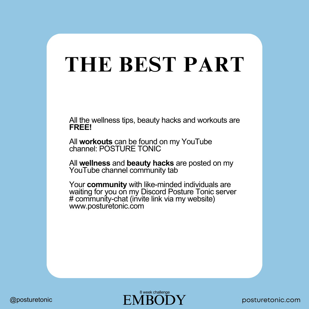 Promotional graphic for Posture Tonic with text about free wellness tips, beauty hacks, and workouts available on their YouTube channel. Mentions a community chat on Discord.