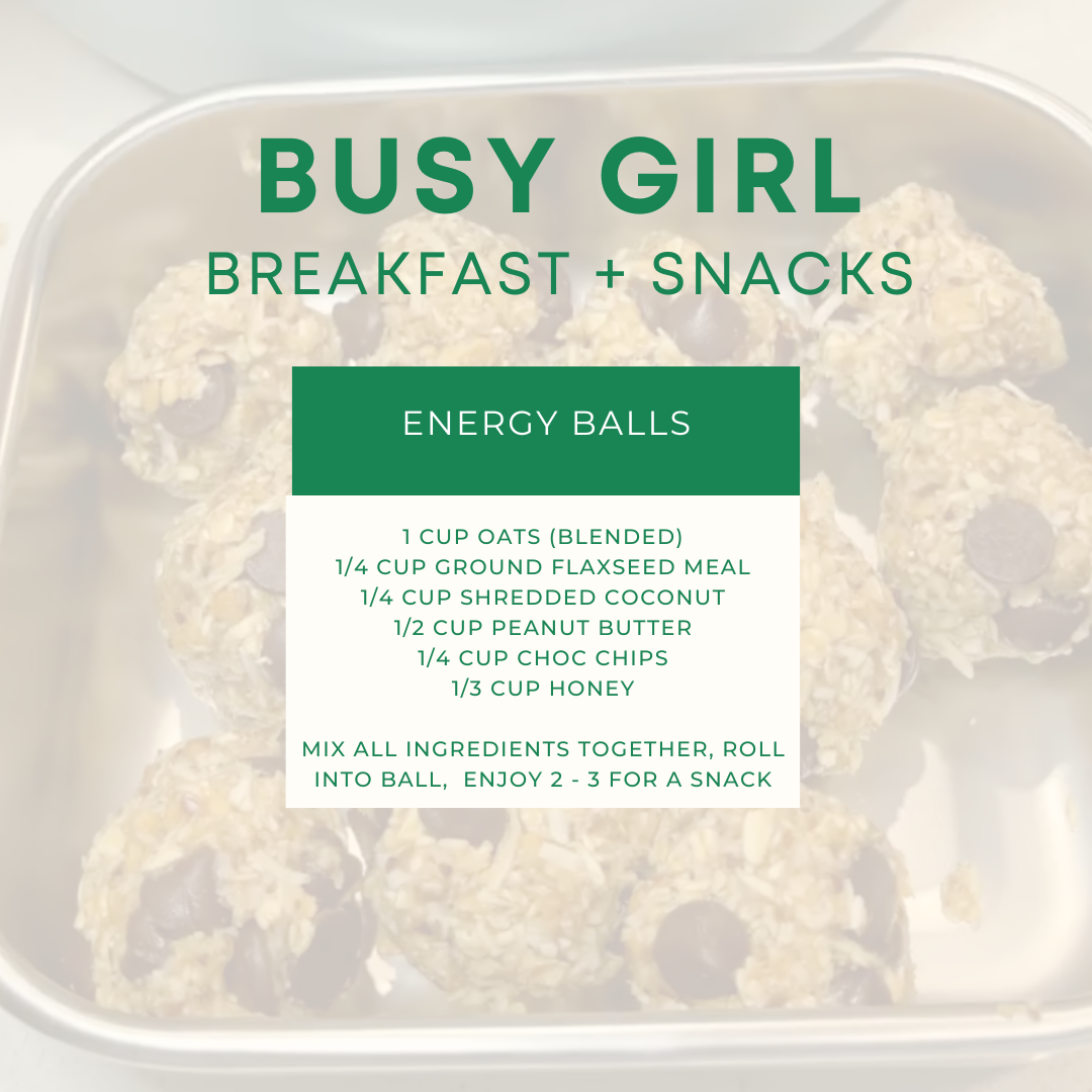 Recipe for energy balls with ingredients and instructions on a background image of homemade energy balls in a container.