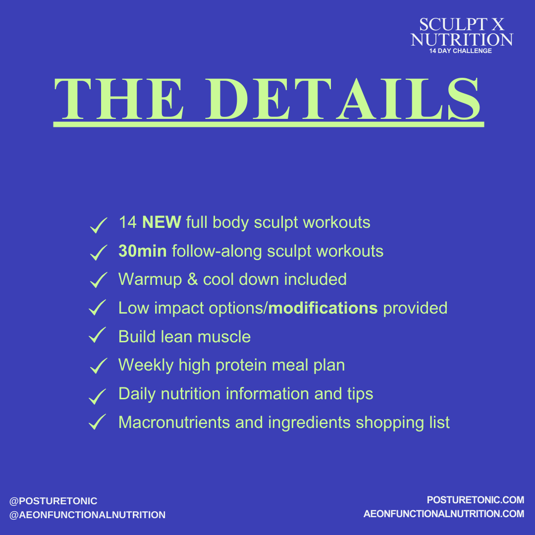 Details of Sculpt X Nutrition 14-day challenge including 14 new workouts, 30-minute sessions, warmups, low impact modifications, muscle building, meal plans, nutrition tips, and shopping list.