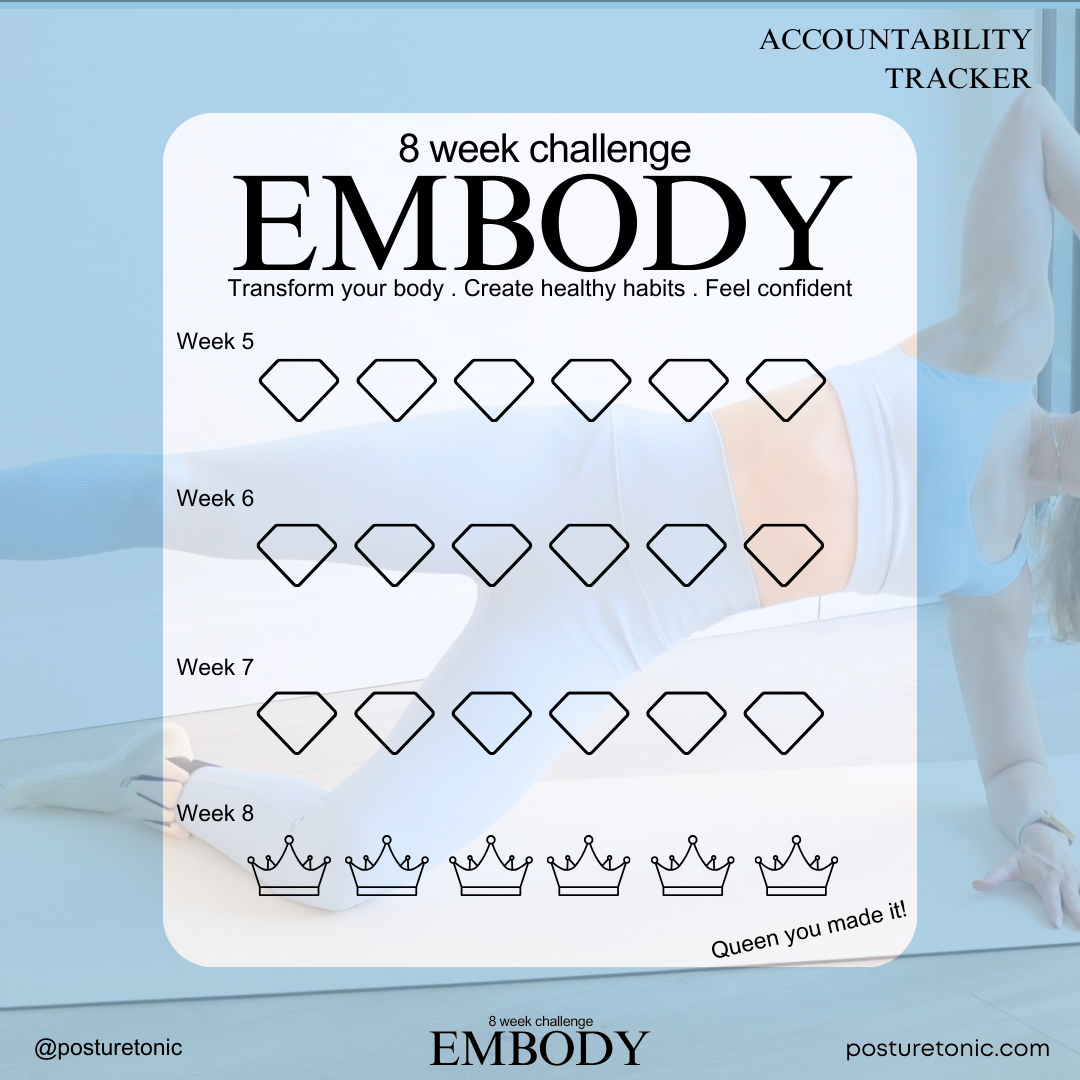 Fitness accountability tracker for an 8-week challenge featuring "EMBODY" as the title. Includes weeks 5 to 8 with diamond and crown icons for tracking progress. Background shows a person in workout gear performing a side plank. Includes motivational