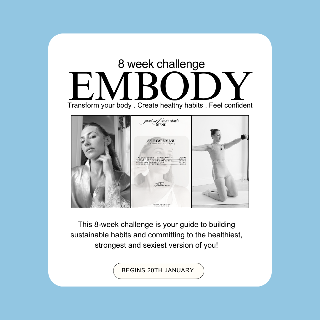 Promotional poster for "Embody" 8-week challenge featuring three images: a woman posing, a self-care menu, and a woman exercising with bands. Text highlights transforming body, creating healthy habits, and feeling confident. Start date is January 20t