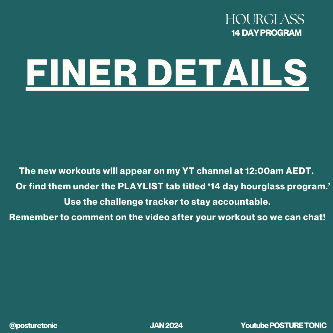 Hourglass 14 day workout program details poster with instructions on accessing new workouts on YouTube channel, using a challenge tracker, and leaving comments. Includes contact info for Posture Tonic, dated January 2024.