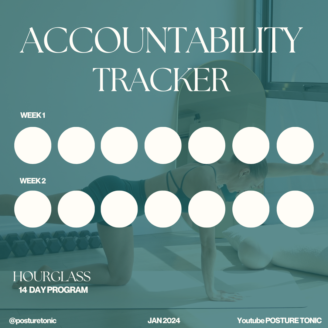 A 14-day accountability tracker for a fitness program titled 'Hourglass 14 Day Program.' There are two weeks listed, each with seven blank circles. The background shows a person exercising, and the text includes social media and YouTube information f