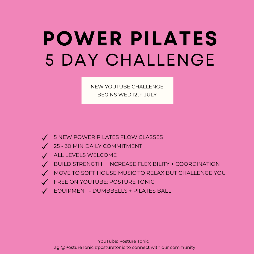 Promotional image for "Power Pilates 5 Day Challenge" starting on Wednesday, July 12th. Details listed: five new Pilates flow classes, 25-30 minute daily commitment, suitable for all levels, aimed at building strength, flexibility, and coordination. 