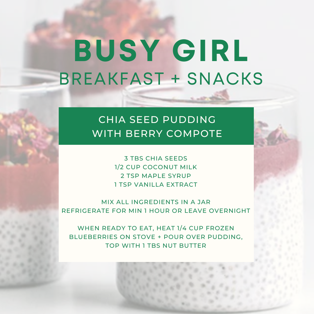 Recipe card titled "Busy Girl Breakfast + Snacks" for chia seed pudding with berry compote. Ingredients: 3 tablespoons chia seeds, 1/2 cup coconut milk, 2 teaspoons maple syrup, 1 teaspoon vanilla extract. Instructions: Mix ingredients in a jar, refr