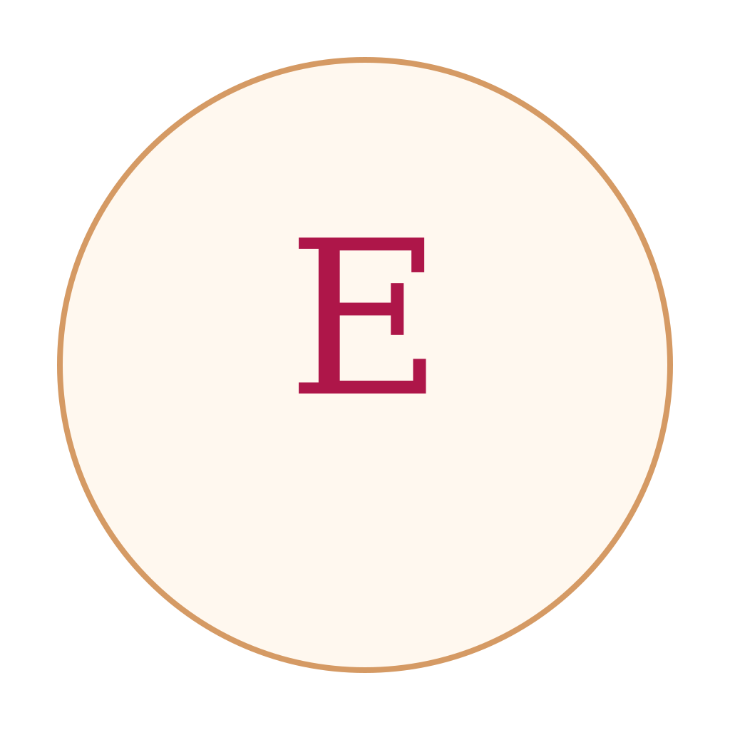 Lettre majuscule E en rouge sur fond blanc dans un cercle beige avec bordure marron.