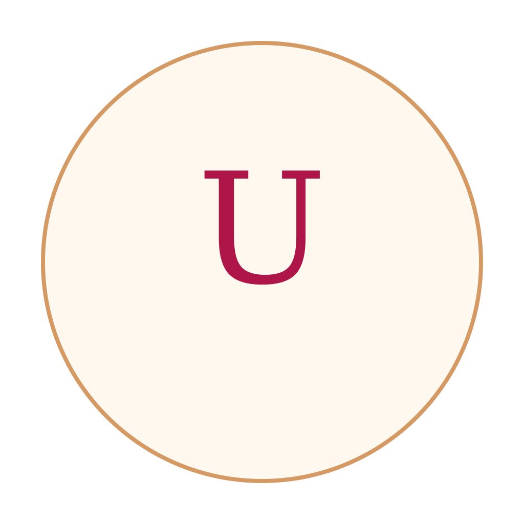 Une illustration d'une fiche avec un cercle beige avec la lettre 'U' en couleur bordeaux au centre.