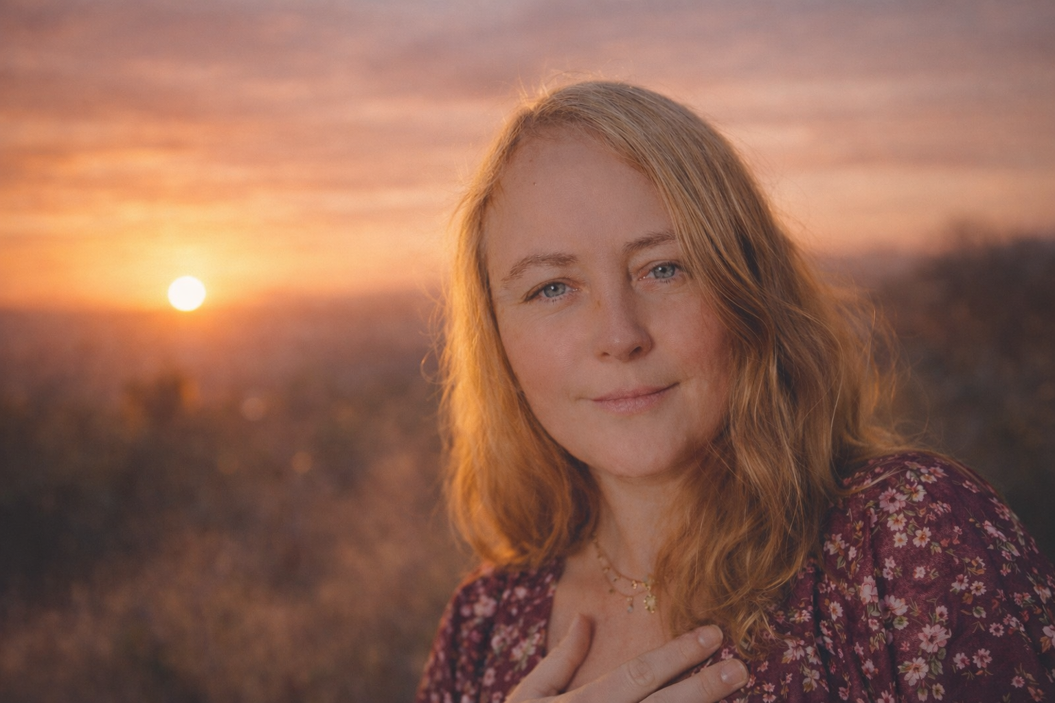 Une femme aux cheveux longs, roux et bouclés, souriant légèrement, se tient devant un coucher de soleil avec un ciel coloré, portant un vêtement à motifs floraux et un collier délicat.