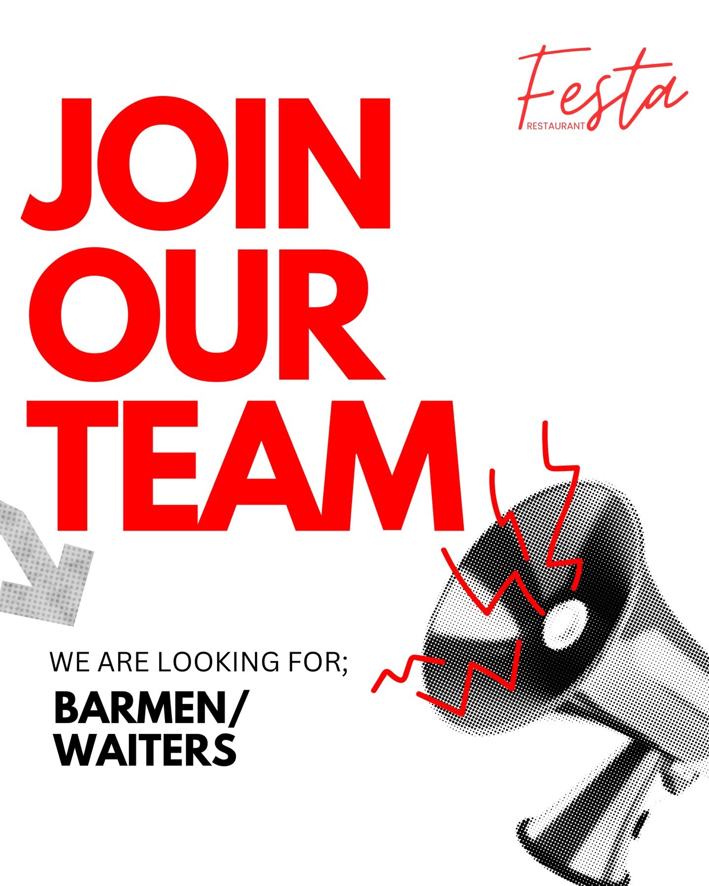 WE ARE HIRING🙌

Festa is on the lookout for bartenders and waiters to join our team!

If you&rsquo;re energetic, friendly, and love working with people - we&rsquo;d love to hear from you.
Think you&rsquo;d be a great fit for the Festa family?

Send 