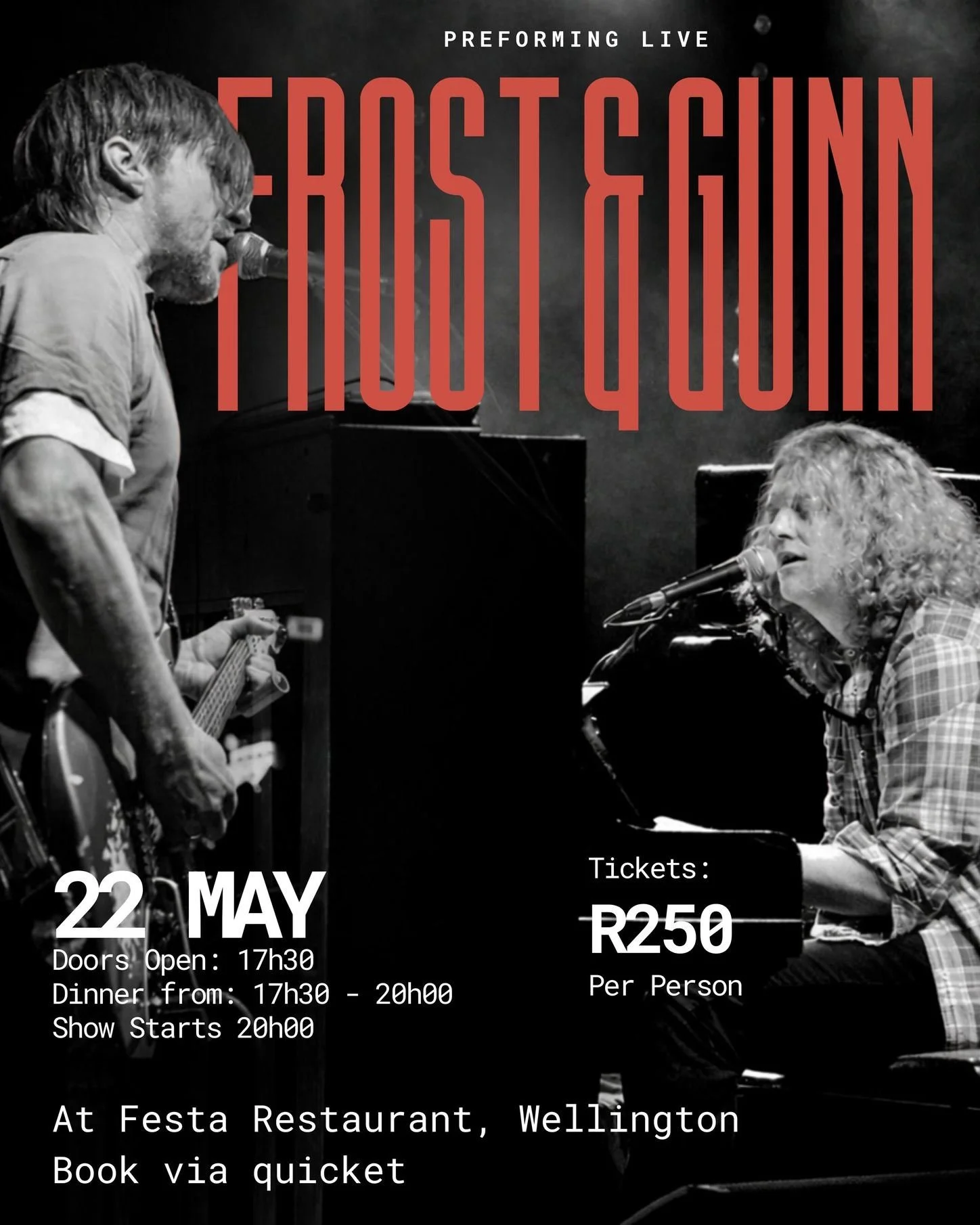 FROST &amp; GUNN | 22 MAY 2026
Join us at the iconic Festa Restaurant in Wellington for a one-of-a-kind live performance by Frost &amp; Gunn - a powerful blend of blues, rock, and raw musical chemistry.

Albert Frost, often dubbed the South African H