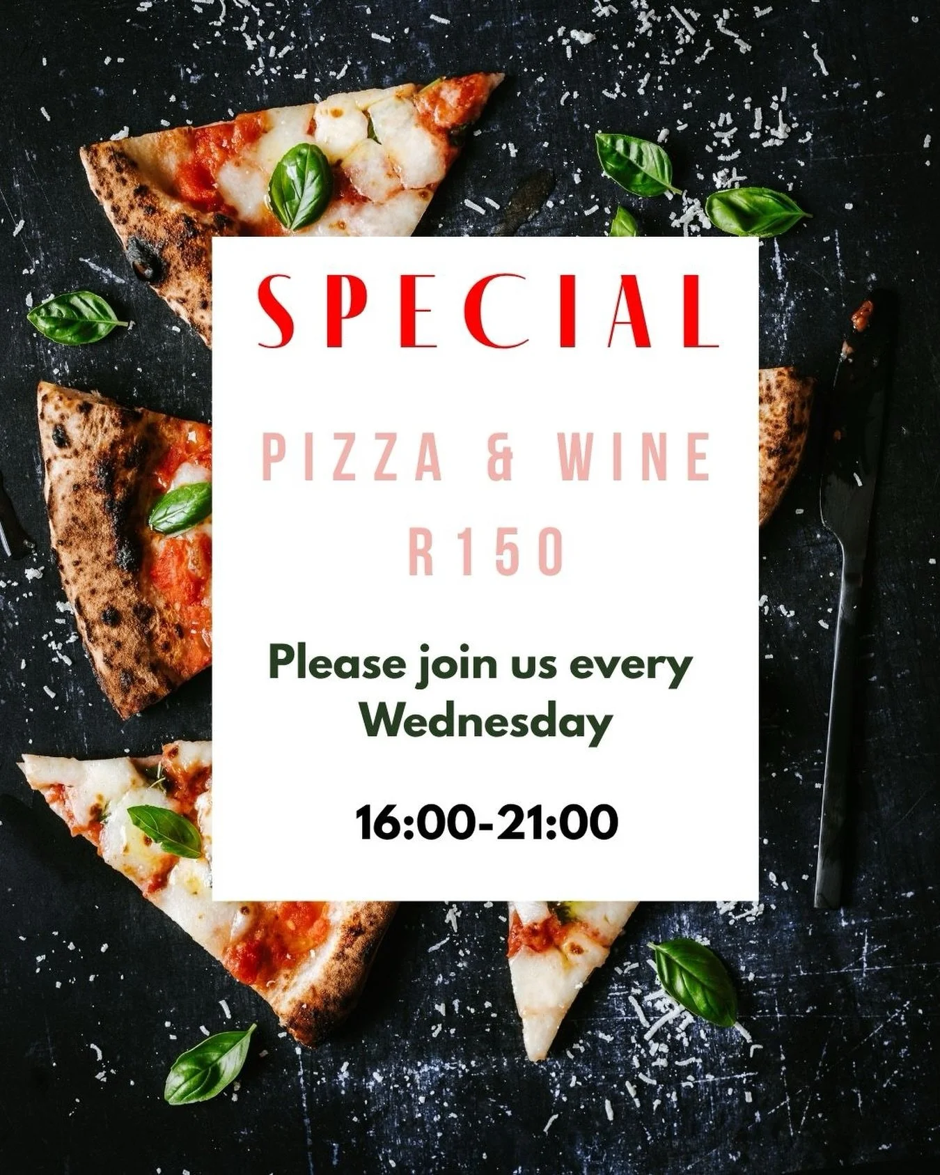 Midweek plans = sorted 🍕🍷

Join us every Wednesday from 16:00&ndash;21:00 for the perfect pairing: Choose a pizza + a glass of red or white wine for only R150.

Good vibes, great flavours, and even better company&mdash;because Wednesdays deserve a 