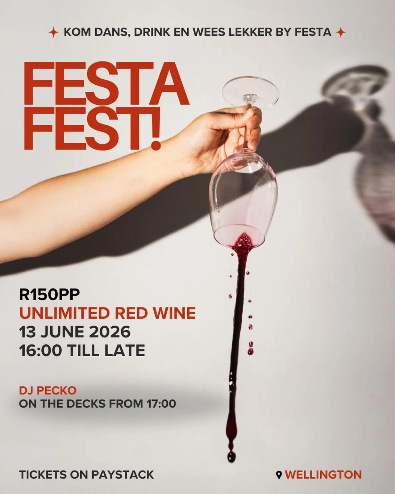 🍷FESTA FEST IS HIER🍷

13 Junie 2026 
Onbeperkte rooiwyn, lekker musiek, goeie kos &amp; &lsquo;n dansvloer wat wag vir jou 🕺💃🏼

R150 pp &mdash; want een glas is nooit genoeg nie😉
Kinder onder 12 jaar - verniet.

DJ Pecko gaan die vibes bring 🎶