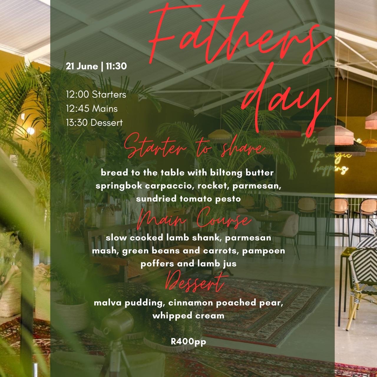 🌿✨ Celebrate Father&rsquo;s Day with us 21 June! ✨🌿

Treat Dad to an unforgettable afternoon filled with incredible food, warm company, and a relaxed atmosphere 🍷

From delicious springbok carpaccio to slow-cooked lamb shank and classic malva pudd