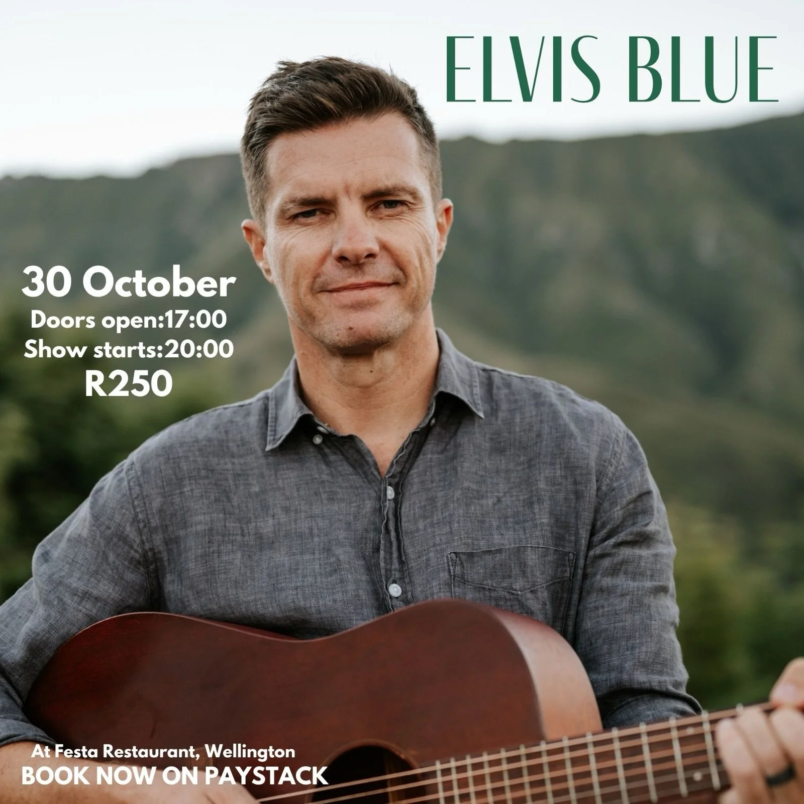 ELVIS BLUE🎤

Join us for an unforgettable outdoor show with Elvis Blue at Festa Restaurant!

30 October 2026
Doors Open: 17:00
Show Starts: 20:00
R250 per person

Enjoy a magical evening of great music, delicious food, and beautiful outdoor vibes.✨
