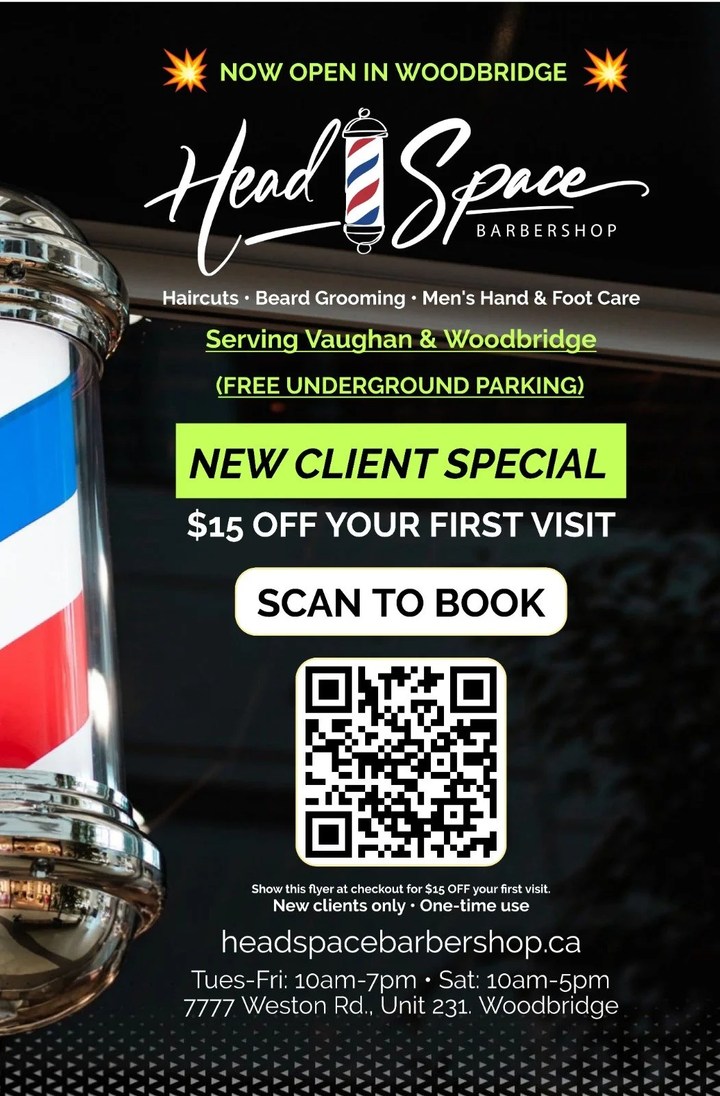 Headspace Barbershop flyer in Woodbridge offering $15 off first visit for new clients, featuring haircuts, beard grooming, men’s hand and foot care, and a QR code to book.