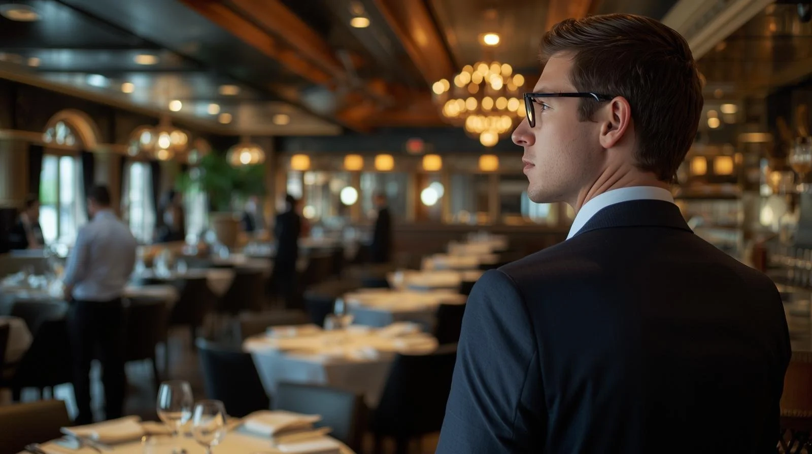 A man in a suit and glasses standing in a fancy restaurant, looking to the side with a serious expression.