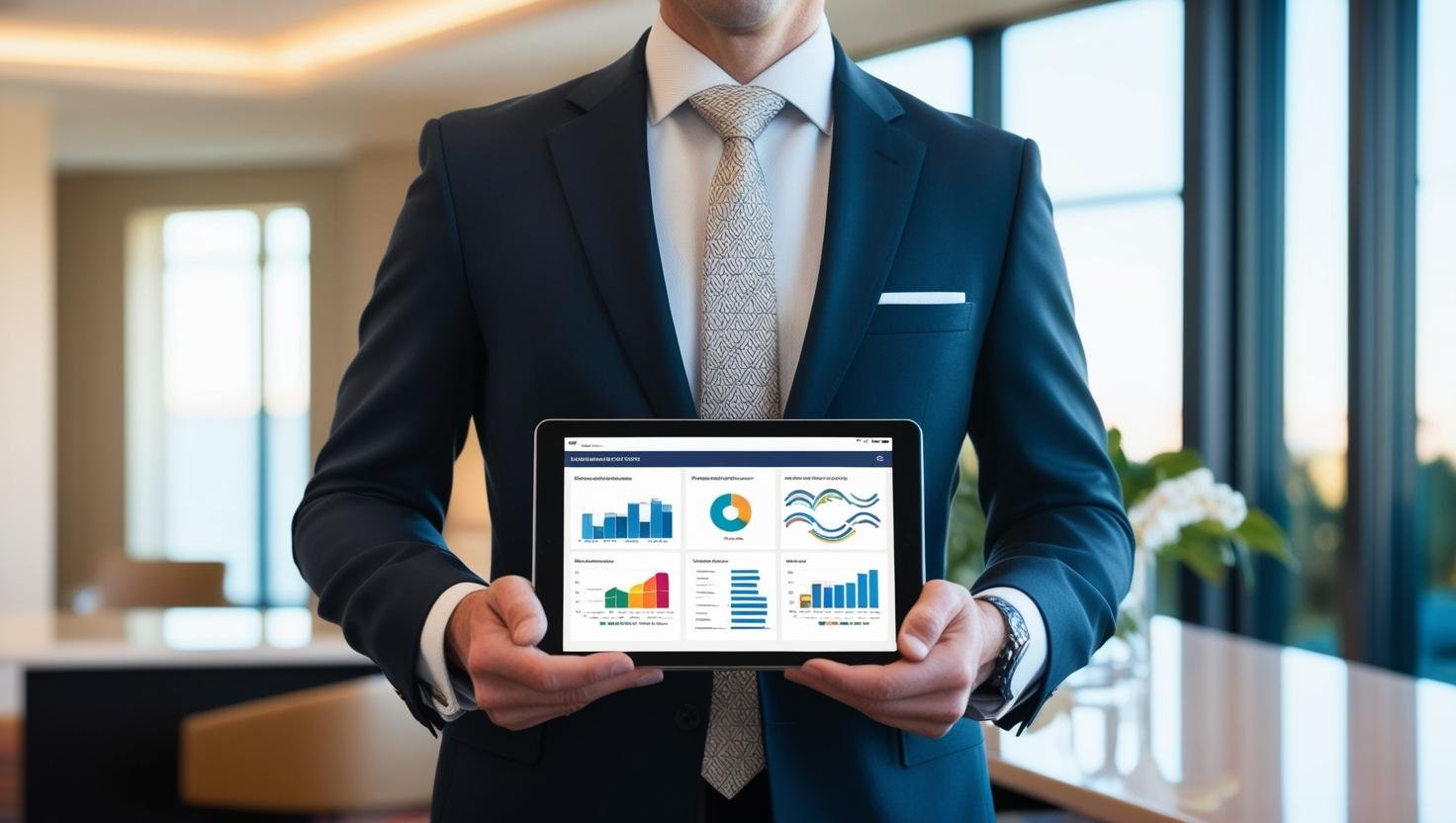 create a picture of a hotel manager with a tablet in his hands where he is checking report with analytics and graphs (1).jpg