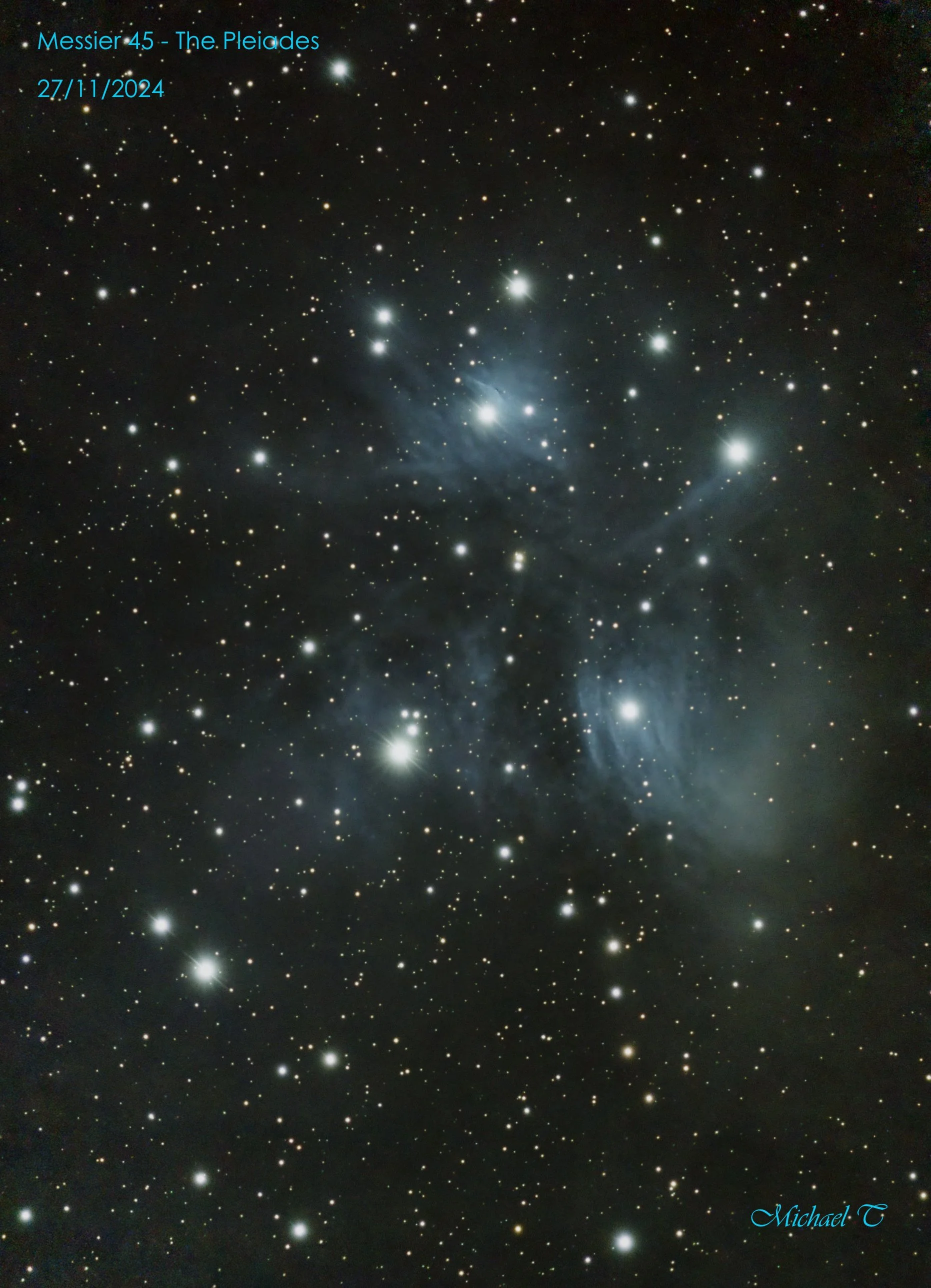 M45 taken 27/11/2024 by Michael T using a Seestar 50 utilising its new "Mosaic" function.