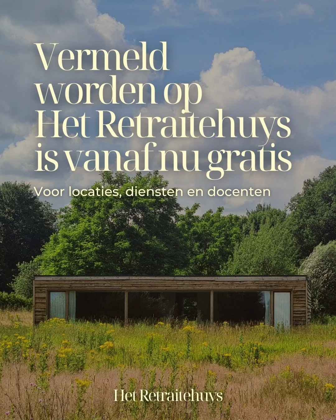 Vermeld worden op Het Retraitehuys is vanaf nu gratis.

Geen vaste kosten, w&eacute;l extra aanvragen.

Wil je meer weten?
Laat een 🌿 achter en we komen zo snel mogelijk bij je terug!

#retraite #hetretraitehuys #retraitelocatie