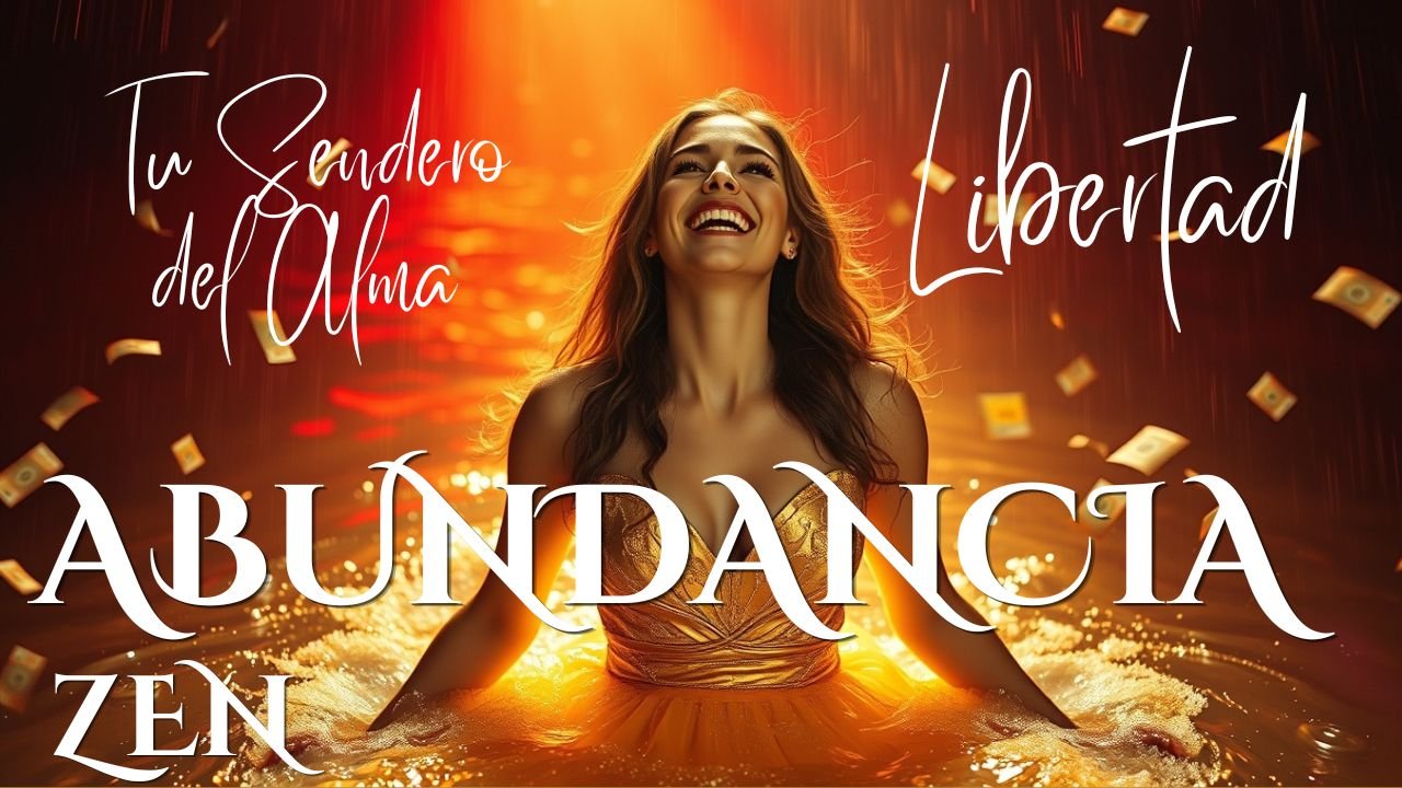 A woman smiling happily in a golden dress, surrounded by falling money, with sunlight reflecting in the water around her, and Spanish words overlaid.