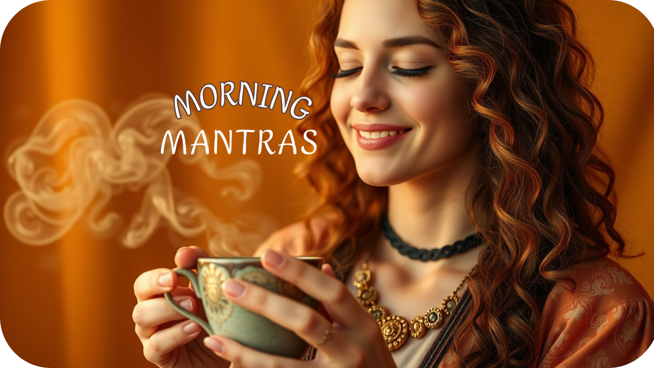 A woman with curly red hair smiling as she holds a steaming cup of coffee or tea, with the words 'Morning Mantras' written in the steam.