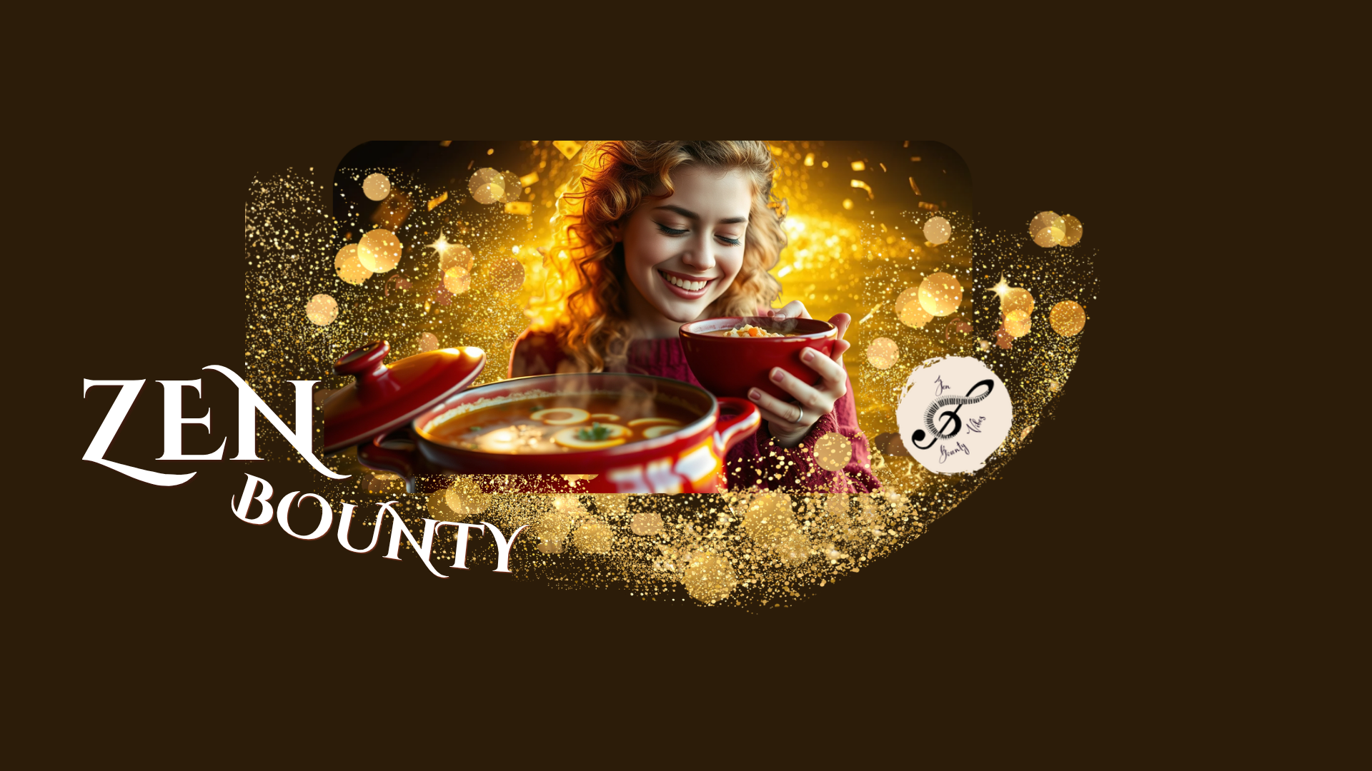 A smiling woman enjoying a bowl of soup, with decorative gold sparkles and the text "Zen Bounty" on a dark brown background.