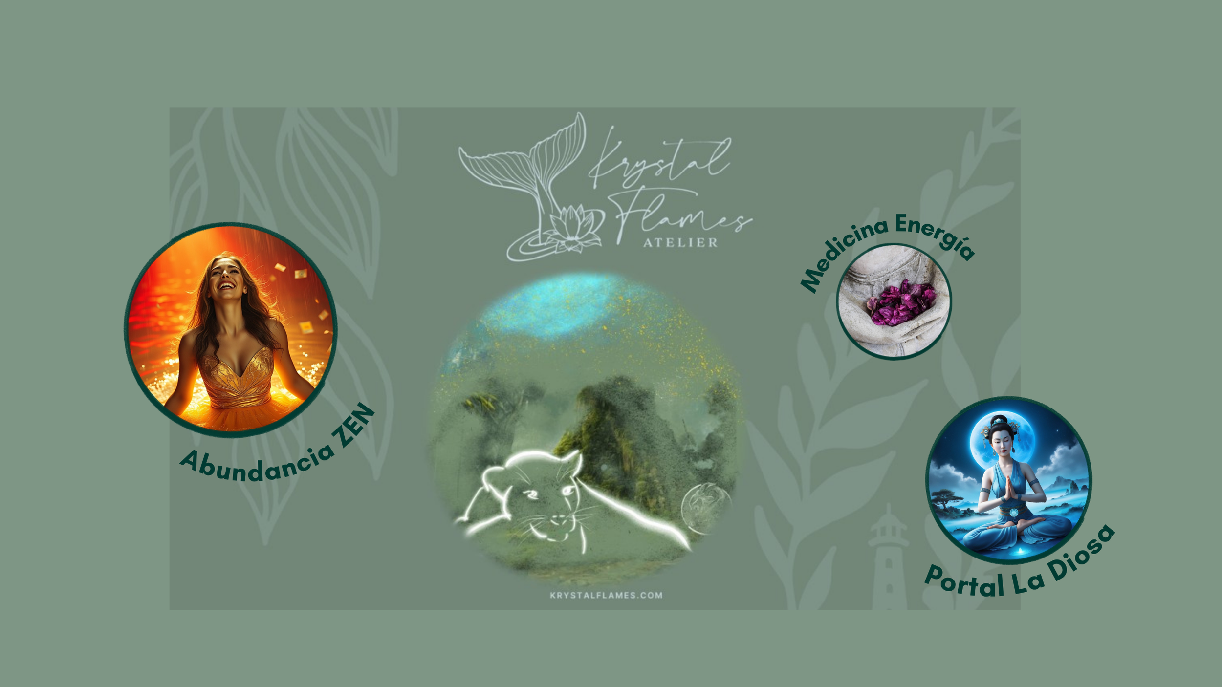 Digital advertisement for Krystal Flames Atelier featuring spiritual and healing themes. Includes a smiling woman in an orange dress with floating golden particles labeled "Abundancia ZEN," an image of purple herbs in a cloth labeled "Medicina Energía," and a woman meditating in front of a blue moonlit landscape labeled "Portal La Diosa." The background has soft green tones with leaf motifs and the atelier's logo of whale and lotus.