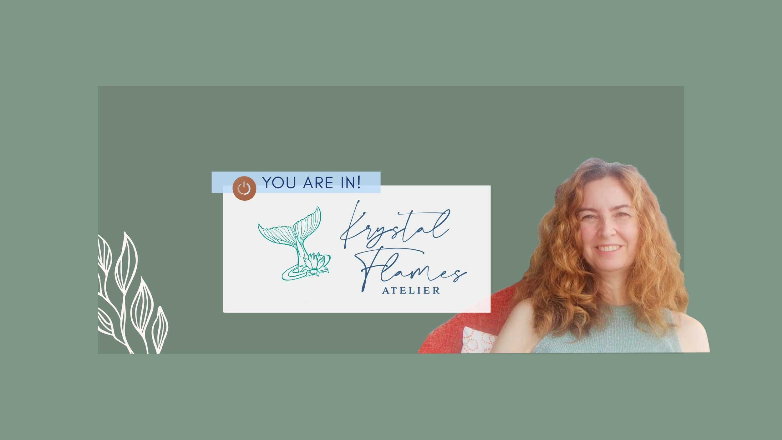 A woman with curly red hair smiling, sitting on a red chair with a white pillow, next to a logo that says 'Krystal Flames Atelier' with a line drawing of a whale and flower on a green background.