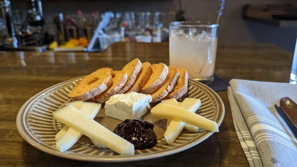 Cheese plate with bread and jam at Good Company in Newberg