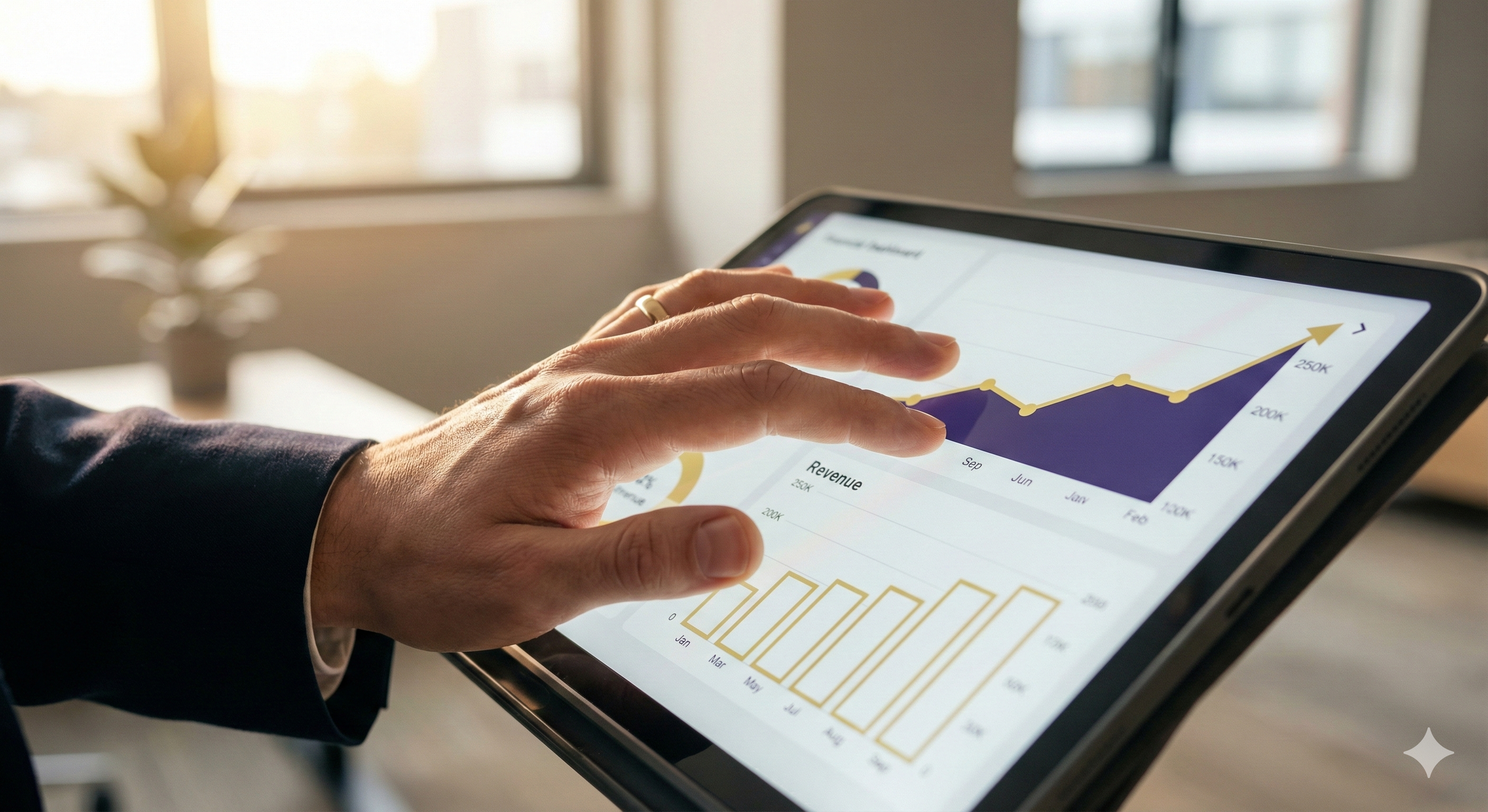 Close-up of a hand resting on a tablet screen displaying an upward-trending purple and gold line chart, with blurred modern office background.
