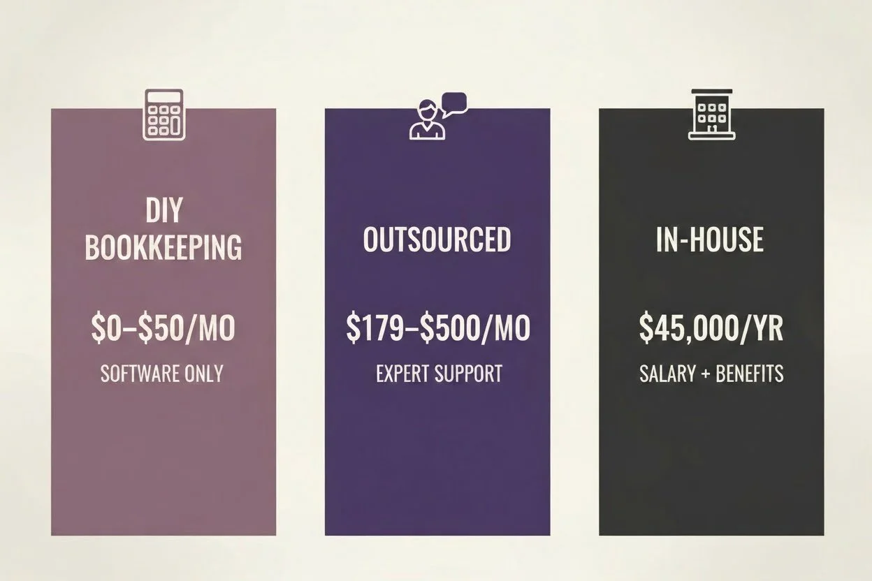 Infographic comparing bookkeeping costs in three columns: DIY ($0–$50/mo with calculator icon), Outsourced ($179–$500/mo with person icon), In-House ($45,000/yr with building icon).