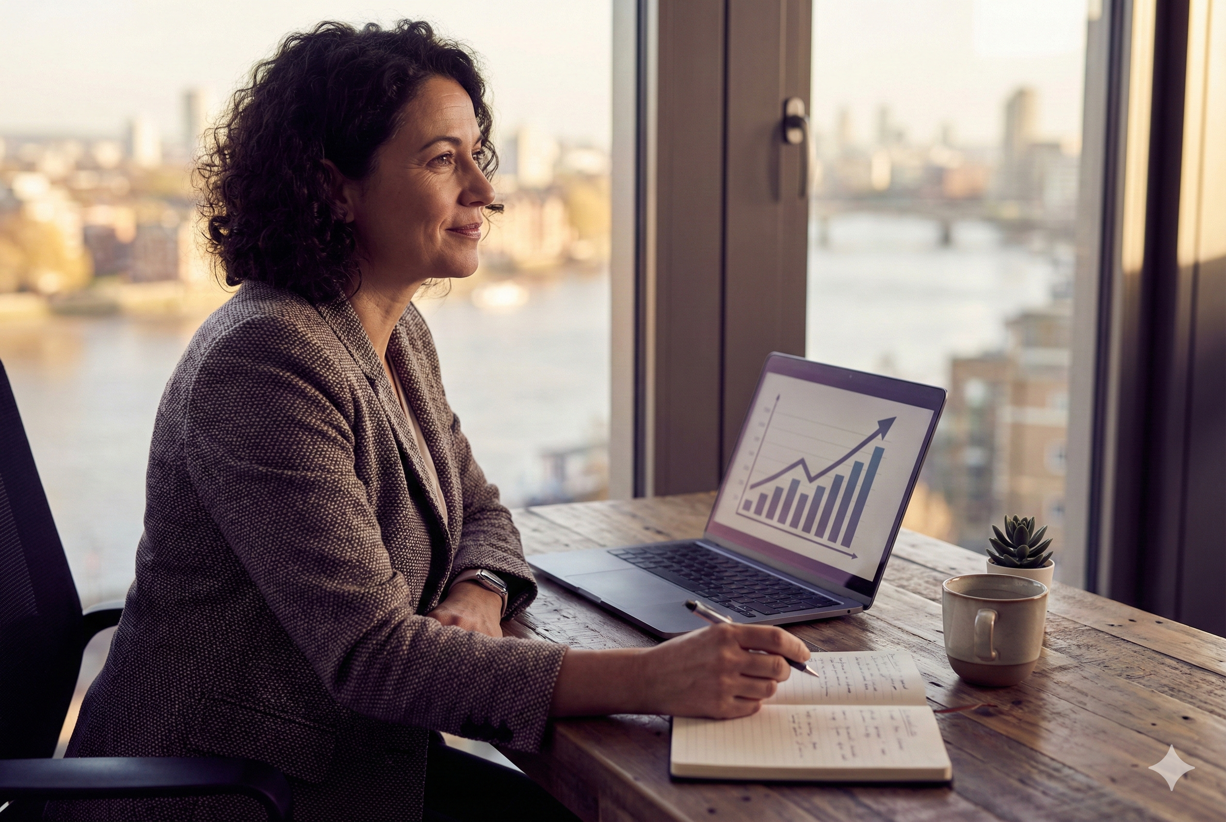 Business professional at wooden desk by large window, confidently reviewing growth chart on laptop with blurred cityscape background.