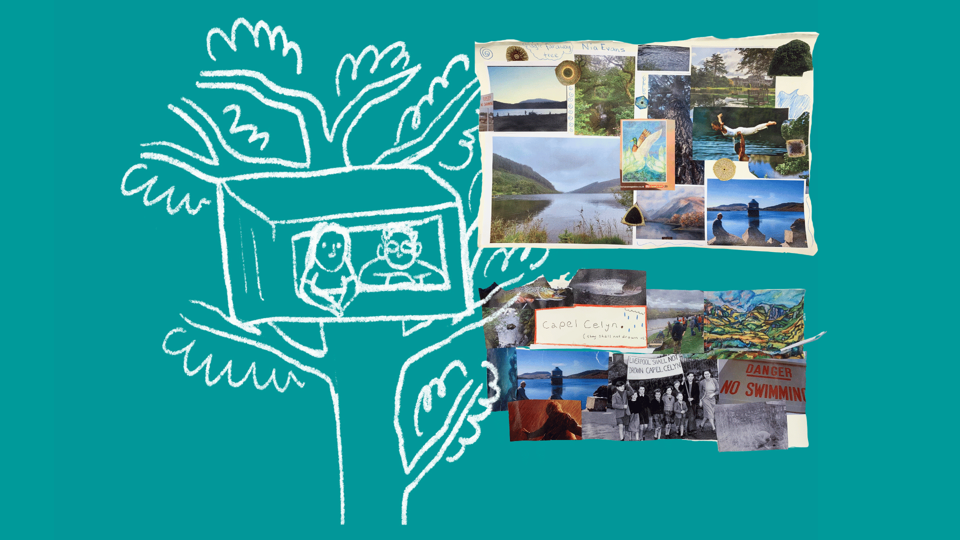 Collages with a drawing of people in a tree