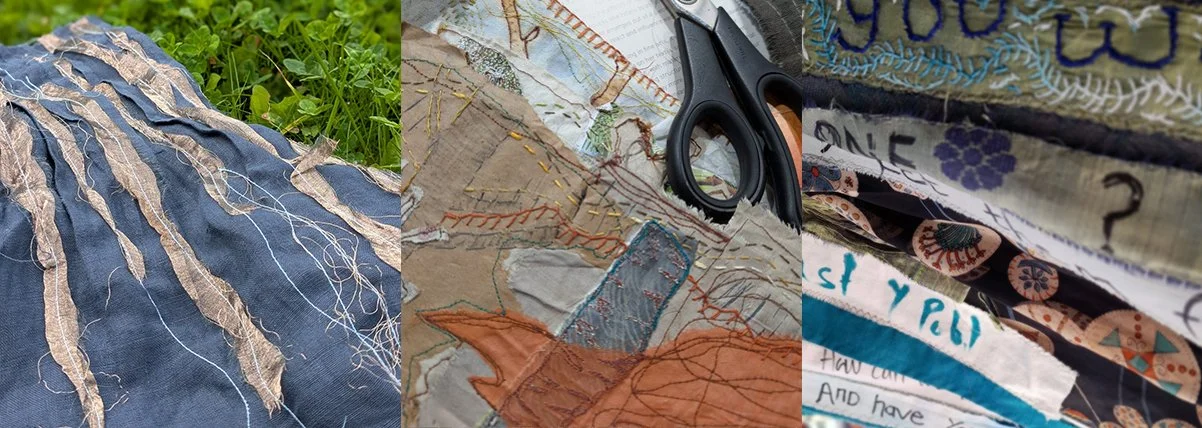 A montage of images showing sewn textiles on grass, sewing scissors and strips of fabric with written and sewn text.