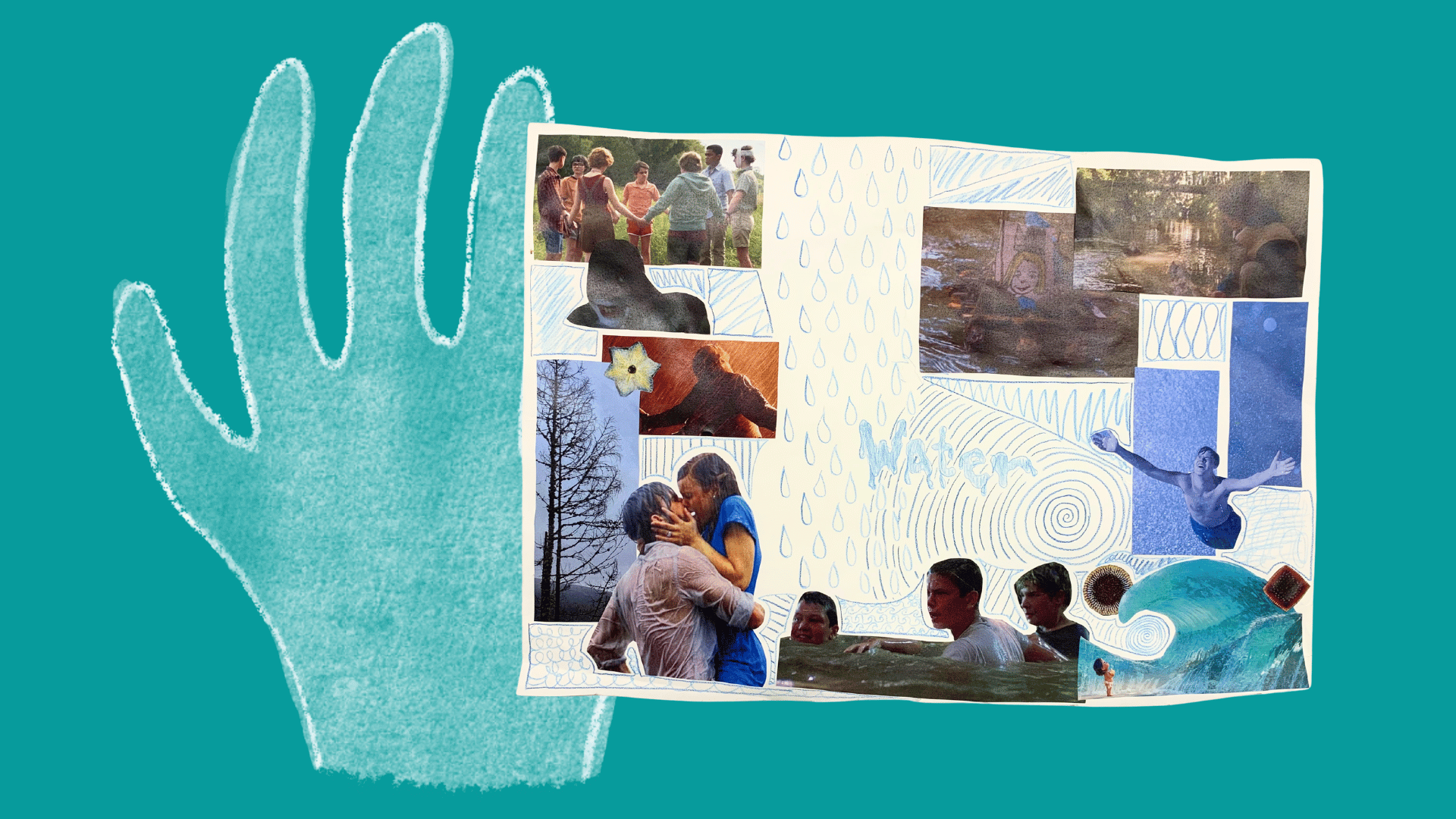 Collages with a drawing of a drowning hand