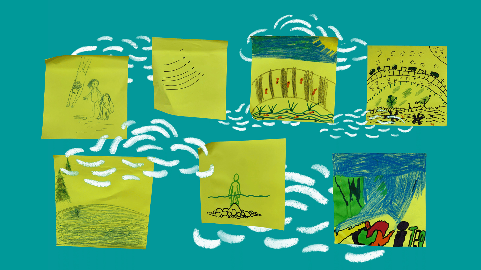 Lime yellow sticky note drawings of bridges and water
