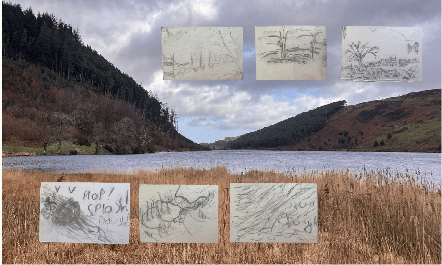 A lake with drawings overlayed