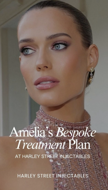 Close-up portrait of Amelia in a pink embellished dress on a bespoke Profhilo skin booster treatment plan cover.
