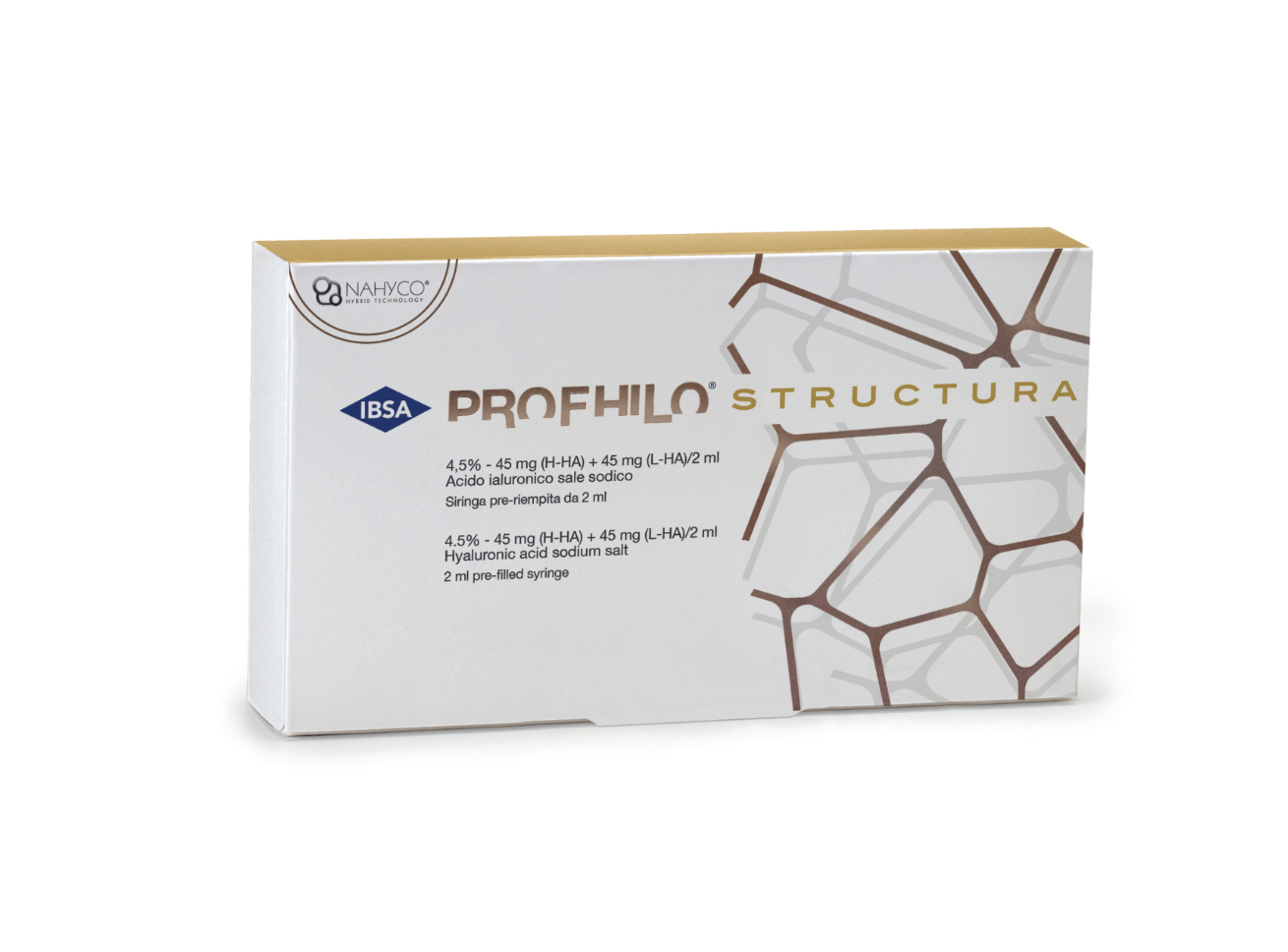Box of Profhilo Structura, a hyaluronic acid injectable treatment, with white background and abstract line design. The packaging contains bilingual instructions and branding.