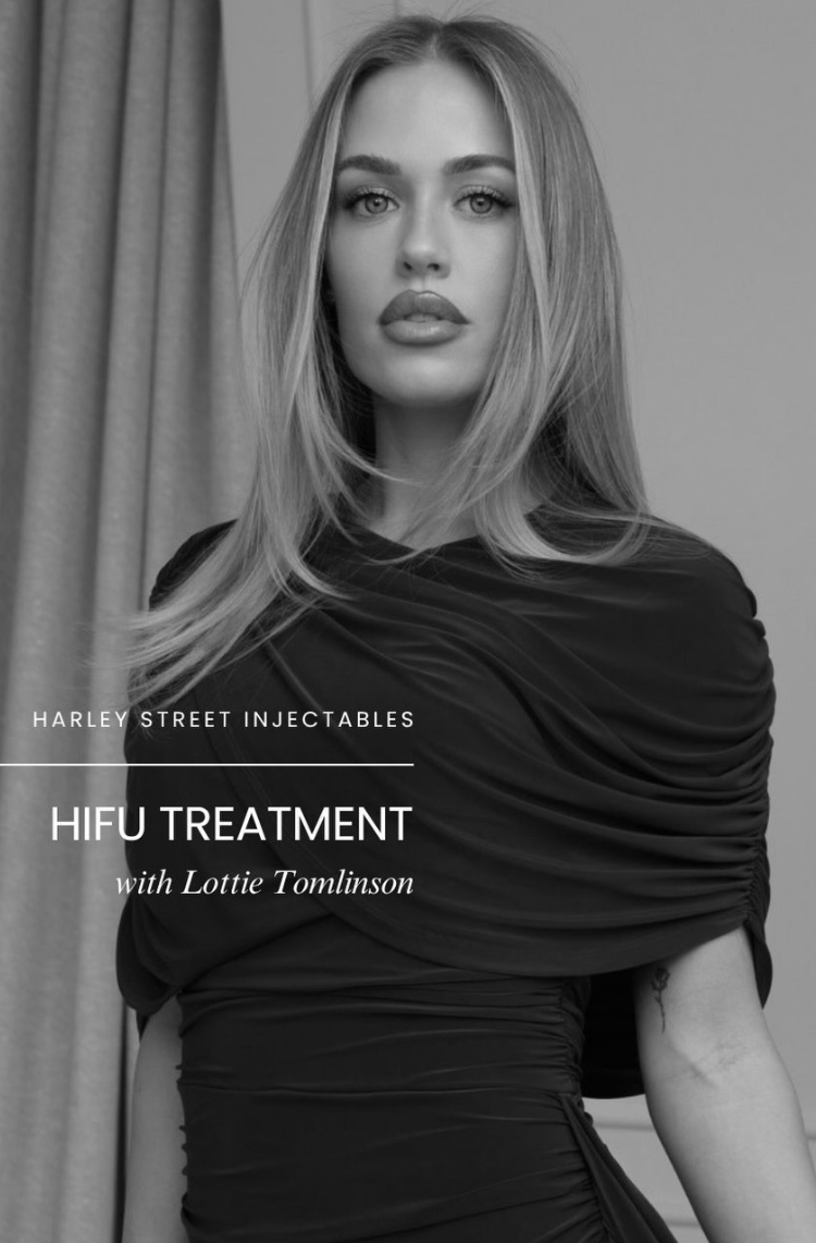 Black-and-white portrait of Lottie Tomlinson on a HIFU skin tightening treatment cover for Harley Street Injectables.