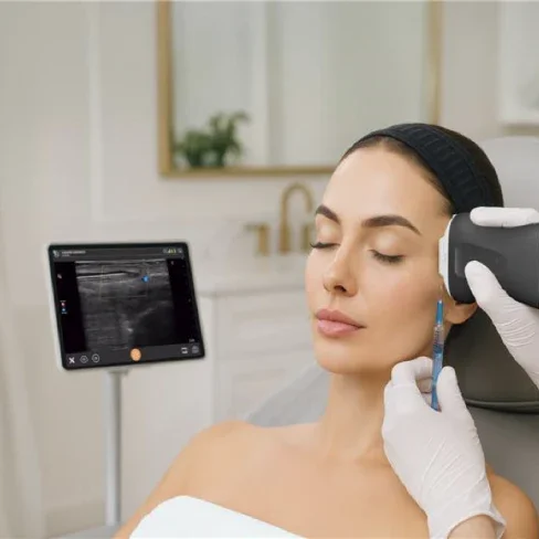 A woman receiving Botox injections in her forehead from a healthcare professional in a clinical setting with an ultrasound screen in the background.