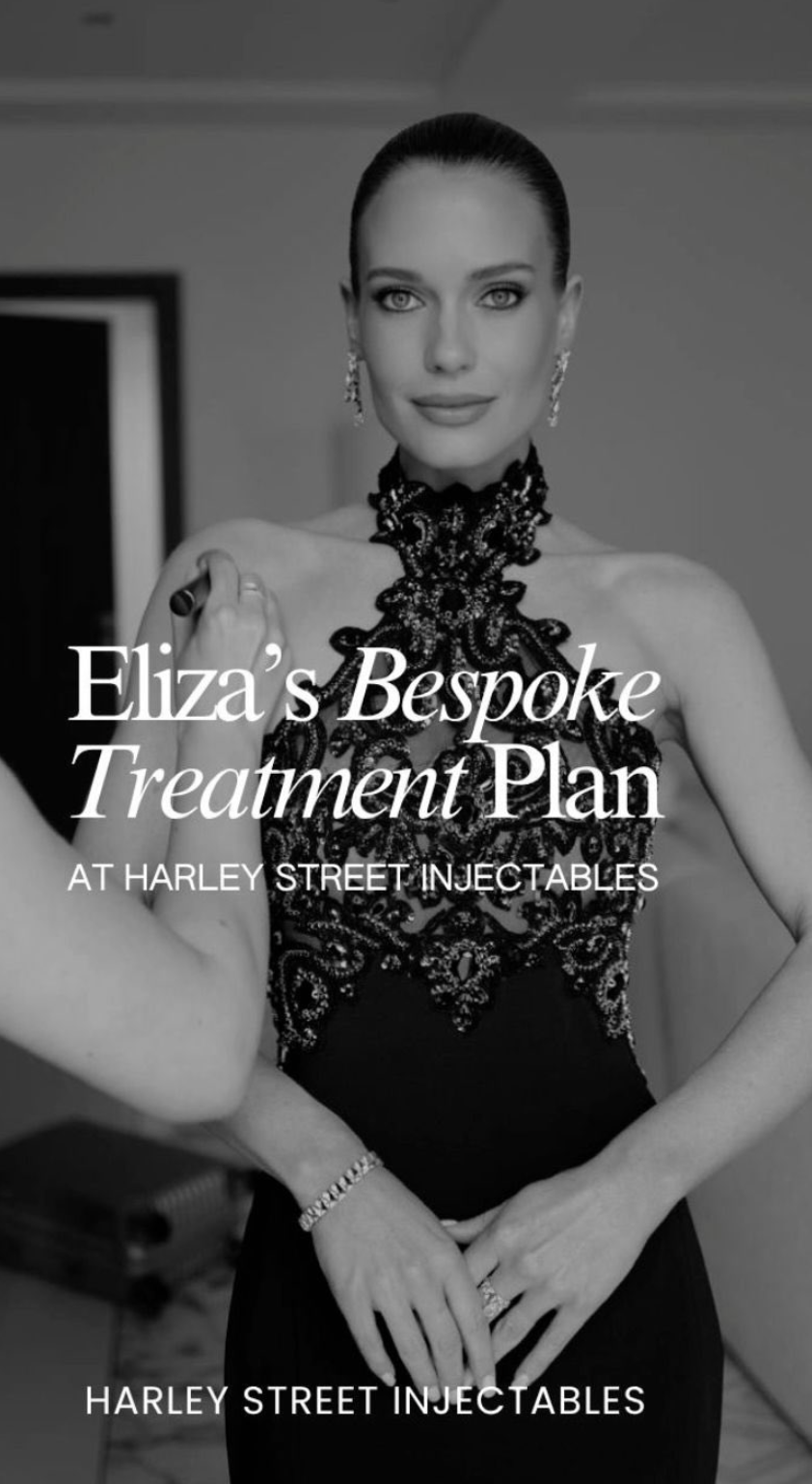 Black-and-white cover image for a bespoke Profhilo treatment plan at Harley Street Injectables, featuring a woman in an elegant black dress.